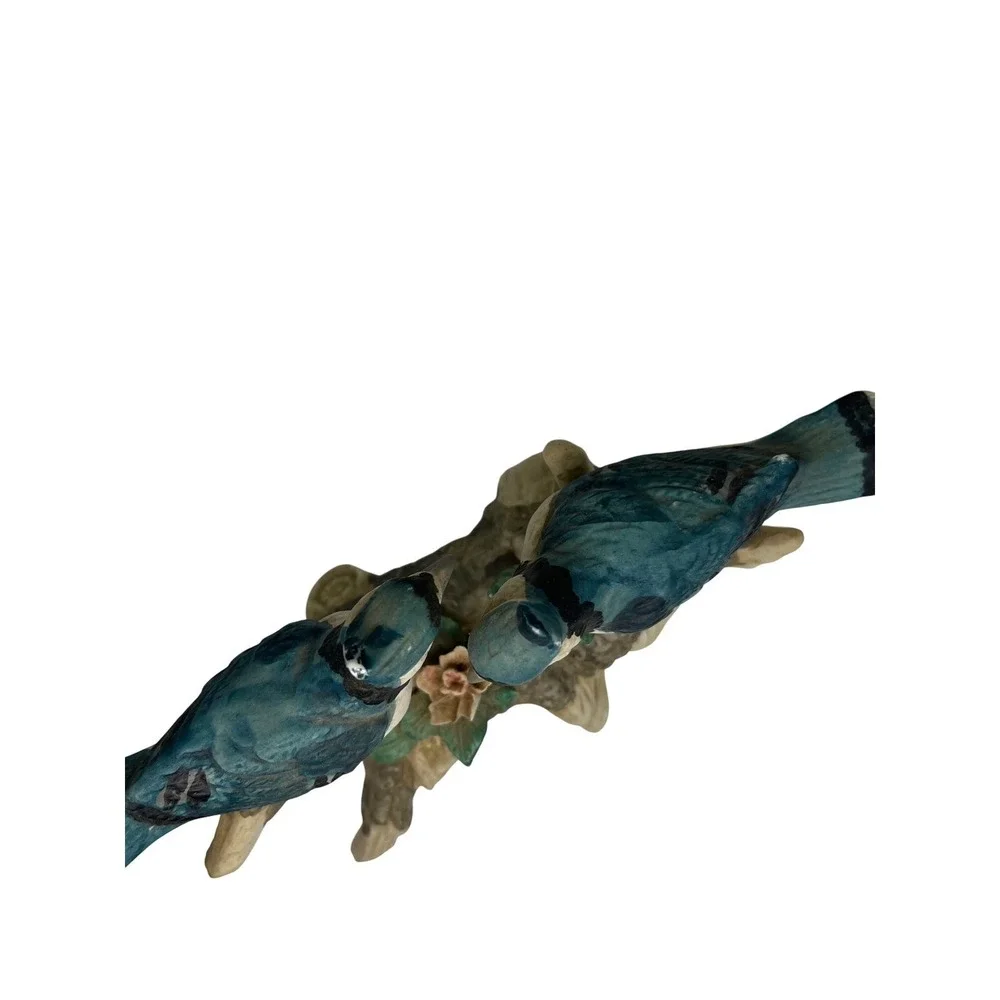 Decorative Blue Jay Bird Figurine Perched‎ on Branch with Flower